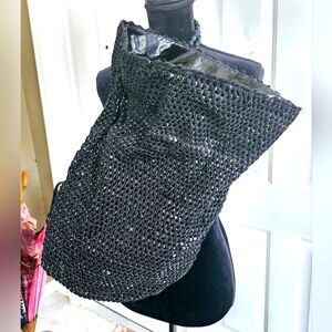 ‼️DONNA KAREN backpack/sack black patent leather trim, woven cotton yarn